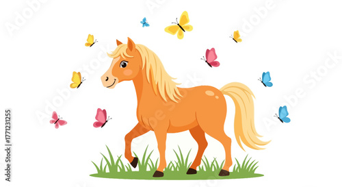Charming palomino horse prancing amidst colorful butterflies and green grass scene isolated on white background