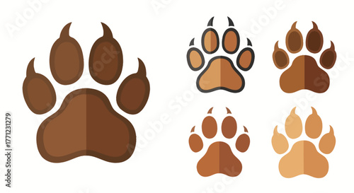 Collection of realistic brown paw prints various sizes shapes animal tracks wildlife symbolism isolated on white background