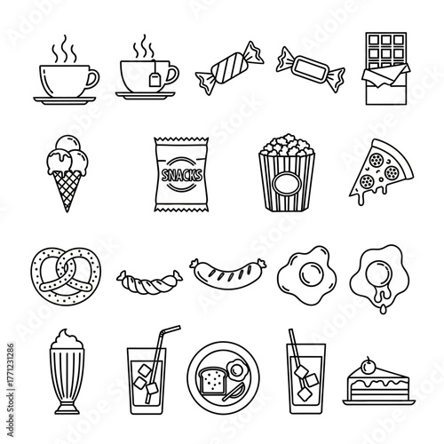 Collection of hand-drawn food and drink icons for food service and restaurant menus isolated on white background