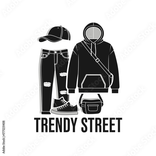 Trendy Streetwear Outfit Hoodies Jeans Shoes Cap Vector