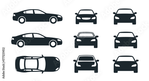 Collection of black sedan and coupe car silhouettes from multiple angles for design projects isolated on white background