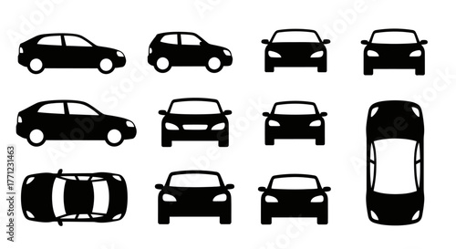 Collection of black silhouette cars in various views for automotive design and graphics isolated on white background