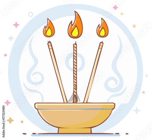Three burning incense sticks in a golden bowl for spiritual offering and traditional prayer