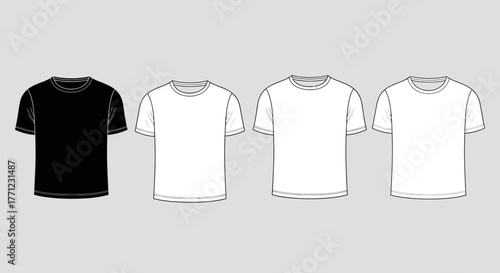 Four t-shirts displayed white and black clothing apparel collection fashion design mockup isolated on white background