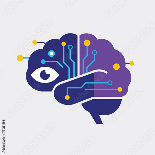 Pure Flat 2D Vector Illustration of an Artificial Intelligence Brain with Circuitry