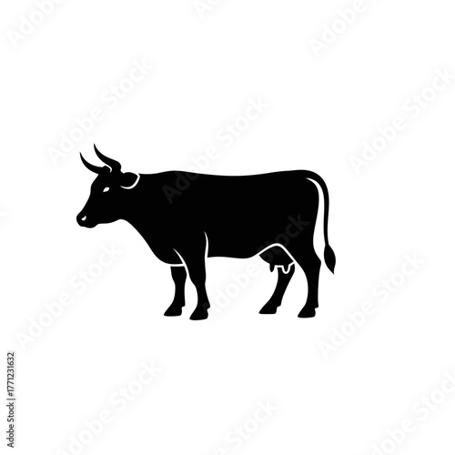 Silhouette of a black cow facing left with horns and udder isolated on white background