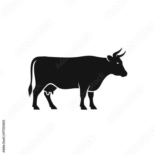 Silhouette of a standing dairy cow with horns and udder symbolizing agriculture and livestock production isolated on white background