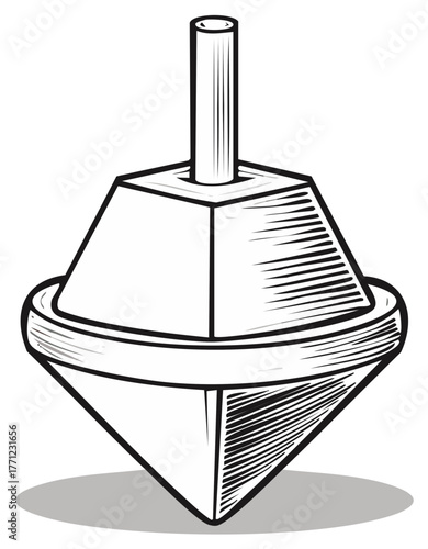 Classic wooden spinning top toy with black outline and hatching detail