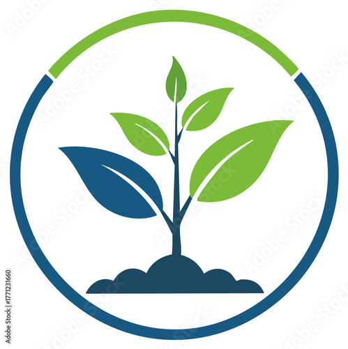 Green plant sprout emerging from soil within a blue and green circular frame symbolizing growth and ecology