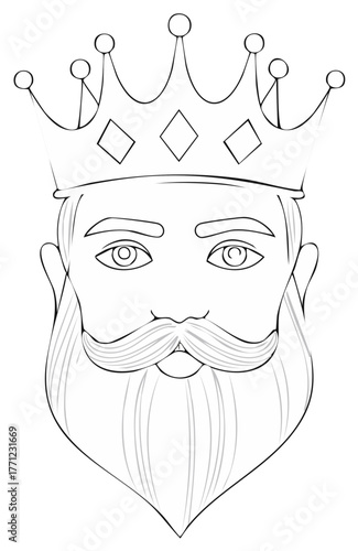 Regal King Portrait With Ornate Crown And Full Beard Stylized Line Art