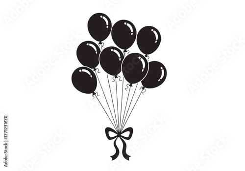 Silhouette illustration of a bunch of balloons tied with a bow and ribbons for celebration design