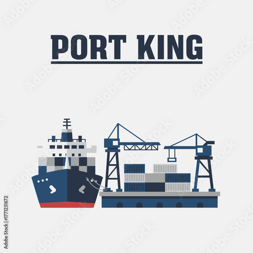 Logistics, Shipping, and Maritime Trade Logo Flat Illustration of a Modern Cargo Terminal and Container Ship