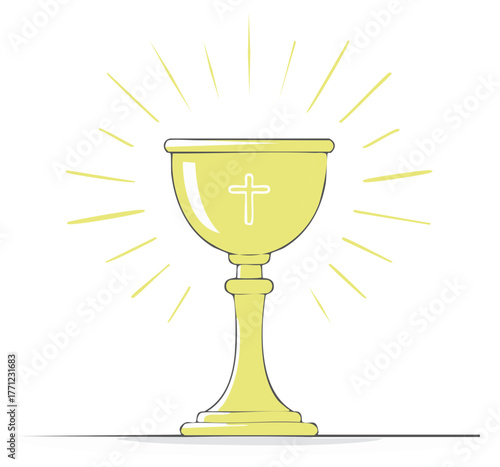 Sacred golden chalice with a cross symbol radiating light for Eucharist or Holy Communion