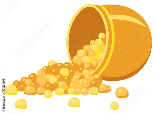 Golden pot spilling golden nuggets wealth and prosperity illustration