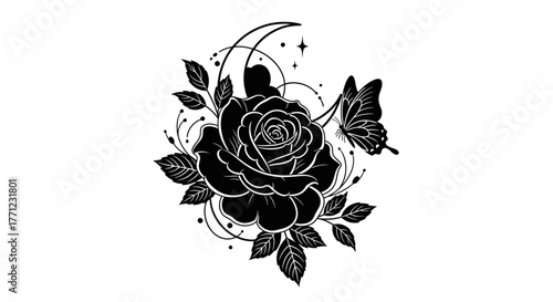Gothic rose moon butterfly celestial mystical artwork tattoo design elements isolated on white background