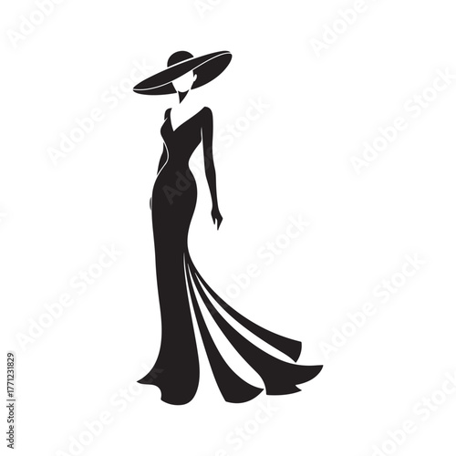 sophisticated and elegant full-length female silhouette vector illustration in a flowing evening gown and wide-brimmed hat.