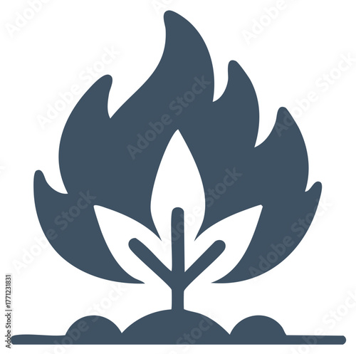 Stylized icon presenting plant with fire above, conceptualizing environmental issues, ecology or destruction