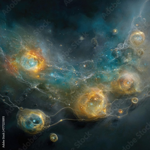 Colorful Nebulous Galaxy Cluster in Deep Space