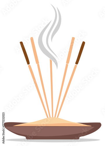 Aromatic incense sticks burning in a censer bowl with rising smoke vector illustration
