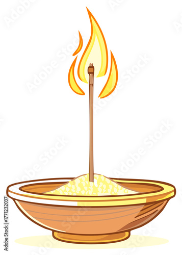 Illustration of a burning incense stick in a bowl of sand creating warmth and light for spiritual or aesthetic purposes