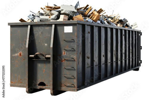 Large metal roll-off dumpster filled with construction debris on a transparent background