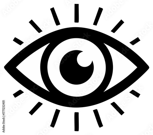 Stylized human eye graphic with light rays for vision insight and awareness