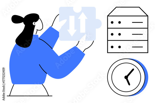 Woman holding puzzle piece with arrows, near a server stack and clock, representing data management, process optimization, teamwork, time efficiency, problem-solving, strategy, simple flat metaphor