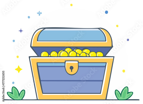 Full open treasure chest with sparkling gold coins and magical elements