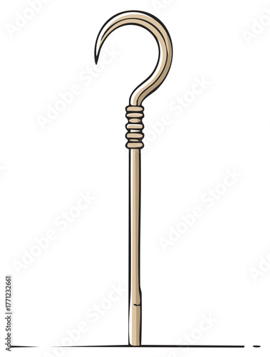 Illustrated shepherd's crook, traditional wooden staff with curved top, simple cartoon style