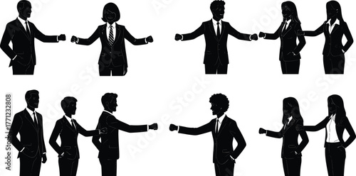 Business professionals silhouette, fist bump greeting, teamwork gesture, corporate communication, formal attire, office interaction, modern workplace, mutual respect, unity, success