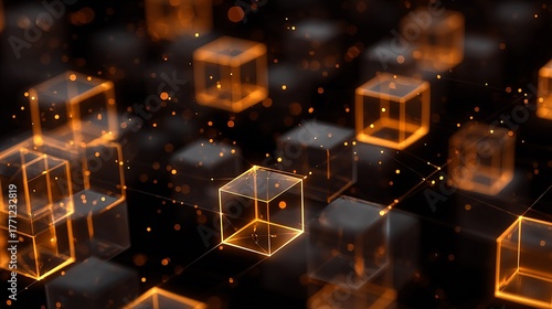 Abstract glowing orange cubes with network connections and dark background