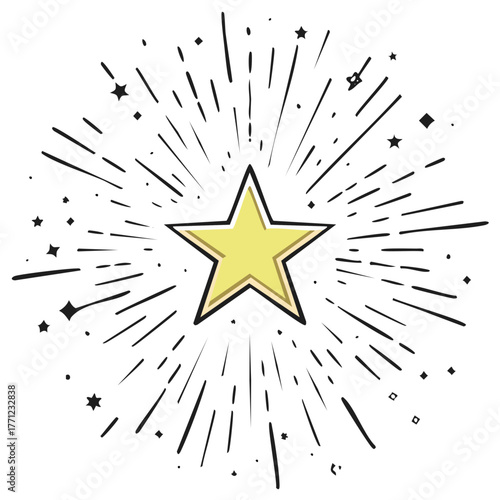 Bright yellow star illustration with radiating burst lines and sparkle effect