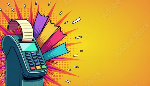 Payment terminal with receipt on colorful background in pop art style  
