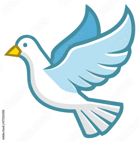 Clean simple design white dove flying with blue wings representing peace and hope