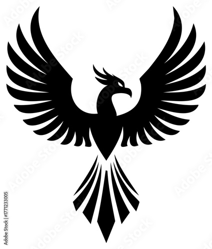 Stylized Black Phoenix Bird Silhouette with Wings Spread Wide