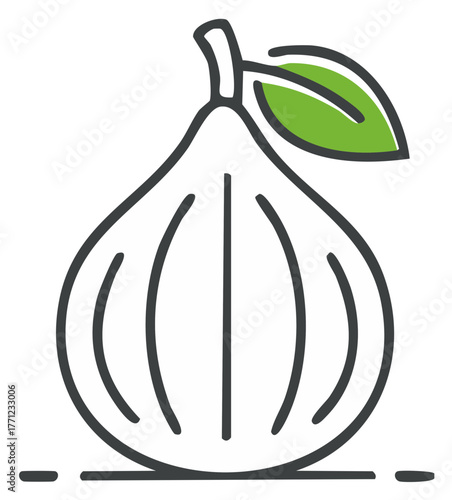 Simple linear drawing of a ripe fig with a single green leaf and stem