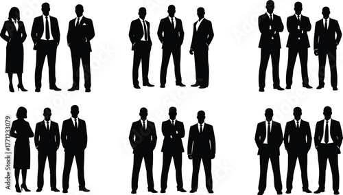 Business professionals silhouettes, corporate teamwork, leadership concept, office colleagues, formal attire, confident poses, partnership success, 