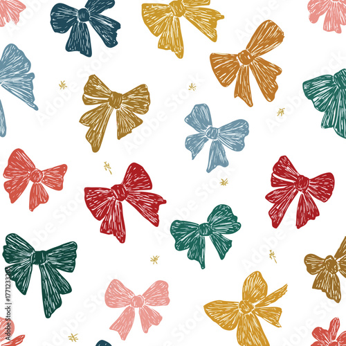 Christmas Bows Seamless Pattern. Hand Drawn Xmas Wallpaper Design. Colorful Bows Vector Illustration. Winter Holiday Print Template. Minimalist Elegant Background with Hand Painted Bow