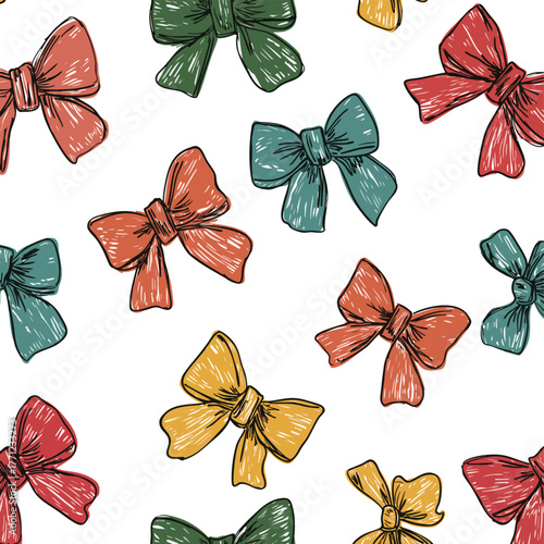 Christmas Bows Seamless Pattern. Hand Drawn Xmas Wallpaper Design. Colorful Bows Vector Illustration. Winter Holiday Print Template. Minimalist Elegant Background with Hand Painted Bow