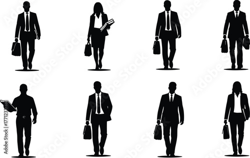 Business professionals walking forward silhouettes, corporate teamwork concept, office workers with briefcases, leadership, success, career growth, workforce diversity illustration