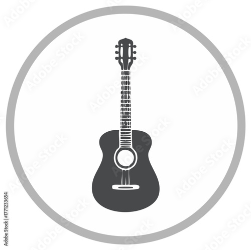 Acoustic guitar icon with strings and sound hole within a circular frame
