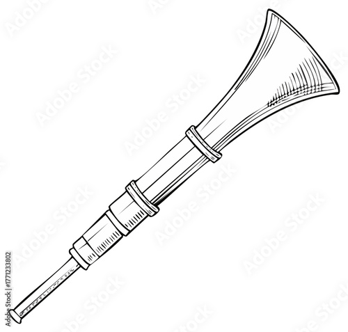 Hand drawn telescope illustration shows the cylindrical body and flared horn end suitable for navigation or exploration