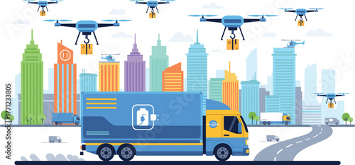 Futuristic urban delivery scene with electric truck, drones carrying packages, smart city skyline, eco transport, modern logistics concept