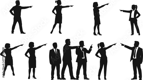 Business silhouettes, corporate professionals pointing, leadership, teamwork, communication, conflict, decision making, direction, instruction, confrontation, office people, men, women, suits