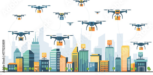 Futuristic cityscape with drones delivering packages, modern buildings, rooftop helipads, smart infrastructure, airborne logistics, urban technology concept