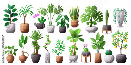 vector volume Plants in pots set. Clip art isolated on transparent background.