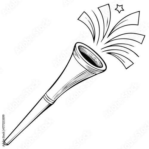 Party horn noisemaker line art illustration with celebration burst for New Year or birthday