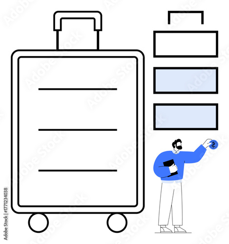 Large suitcase with wheels, man holding clipboard and ticket, minimal travel icons. Ideal for travel planning, organization, tourism, packing tips, business trips, vacation preparation simple flat