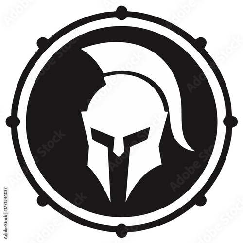 Black and white Spartan warrior helmet in a round emblem symbolizing strength and courage