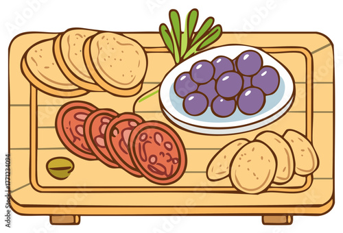 Cartoon charcuterie board with sliced bread, sausages, olives, and chips served with rosemary on a wooden board